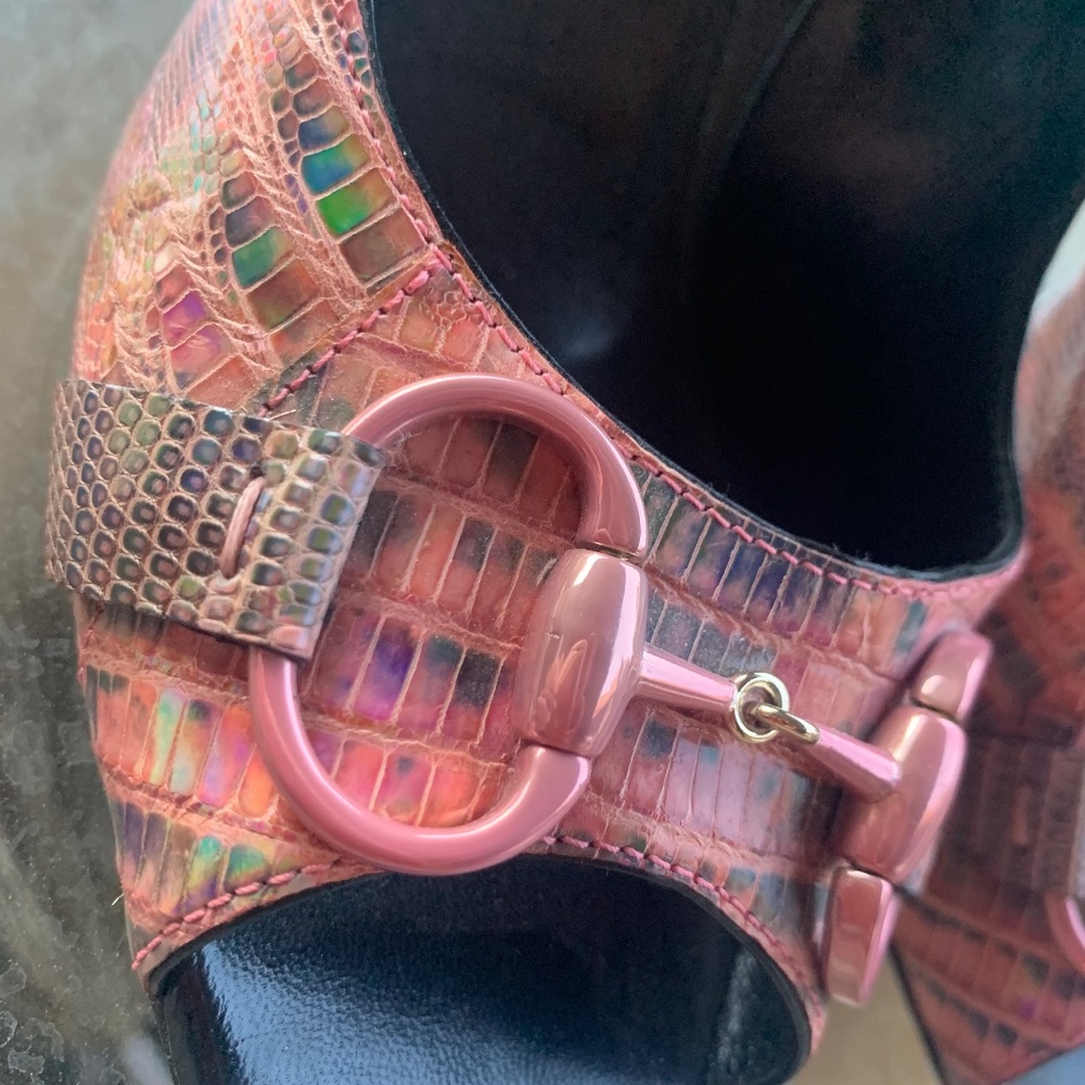 Gucci Metallic Python Peep Toe Pumps - image 3